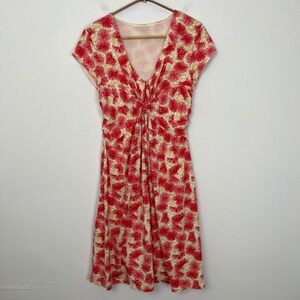 Garnet Hill Women's Red Yellow Floral V Neck Twist Front Midi Dress Size 6